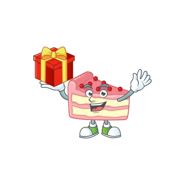 Очаровательный дизайн клубничного торта талисман имеет красную коробку подарка — стоковый вектор