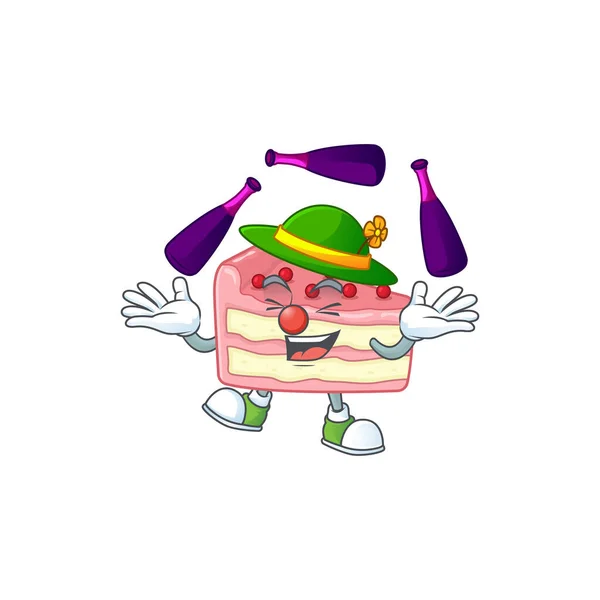 마스코트 만화 스타일의 딸기 슬라이스 케이크 가 무대에서 저글링을 하는 모습 — 스톡 벡터