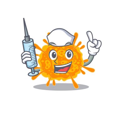 Şırıngalı bir nobecovirus maskot tasarımı.