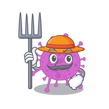 Şapkası ve yabası olan bir çiftçi olarak kuş koronavirüsünün çizgi film karakteri tasarımı