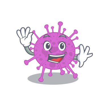 Karizmatik bir kuş Coronavirus maskot tasarımı gülümseme ve el sallama