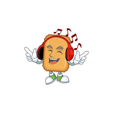Çizgi film maskotu tasarımı bisküvi kulaklıklı müzikten keyif alıyor
