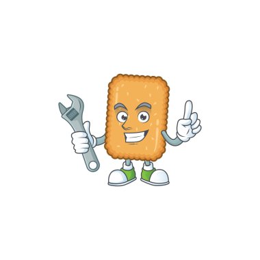 Bir mekanik bisküvi maskotu karakteri bozuk bir makineyi tamir eder