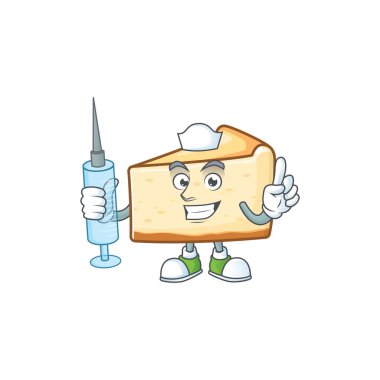 Dost canlısı hemşire peynirli kek maskotu tasarımı. Şırınga kullanıyor.