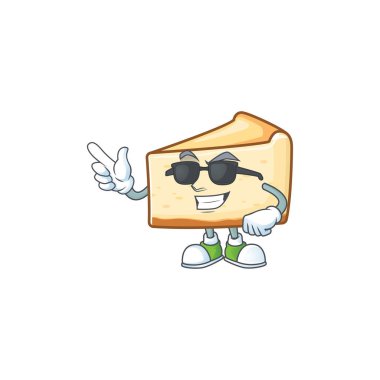 Süper tatlı peynirli kek çizgi film karakteri siyah gözlük takıyor.