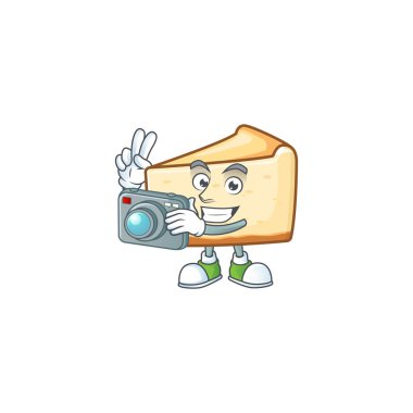 Peynirli kek fotoğrafçısı maskot tasarımı pahalı bir kamera kullanıyor.