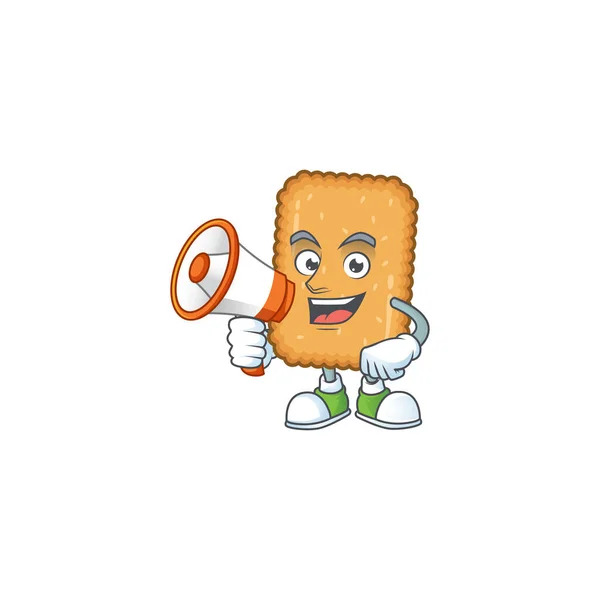 Une image de style dessin animé biscuit parlant sur un mégaphone — Image vectorielle