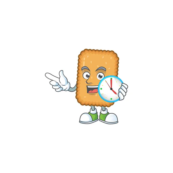 Concept de mascotte de biscuit tenant une horloge circulaire — Image vectorielle