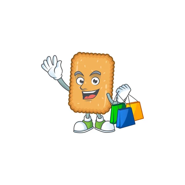 Cartoon character concept of rich biscuit with shopping bags — Stock Vector