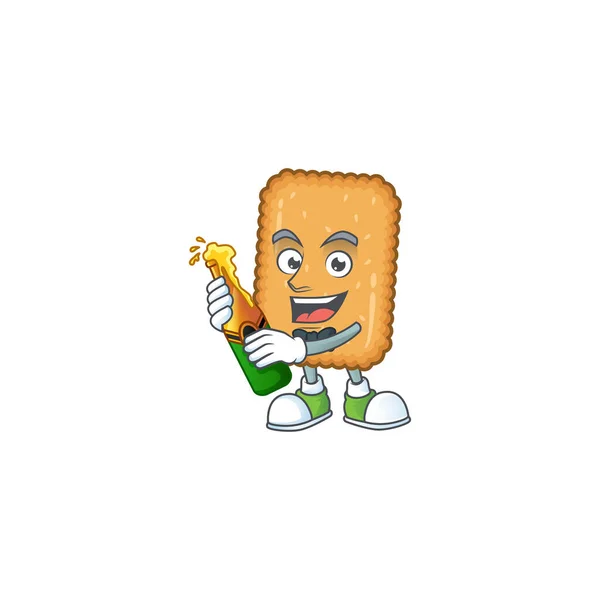 Mascot cartoon design of biscuit making toast with a bottle of beer — Stock Vector