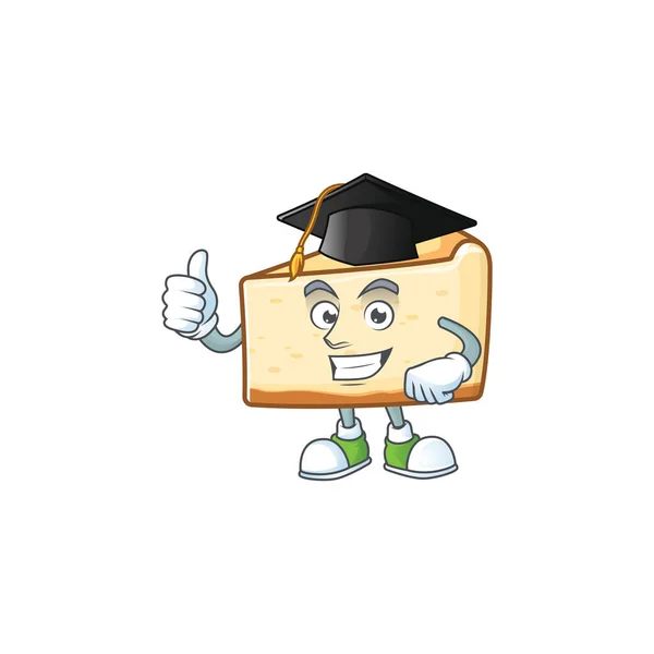 Mascot design concept of cheese cake proudly wearing a black Graduation hat — Stock Vector