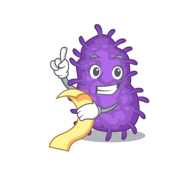 Bakteri basili maskot tasarımı. Elinde menü var.