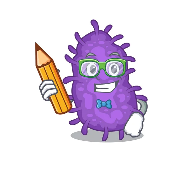 Um estudante inteligente bactéria bacilli personagem cartoon com lápis e óculos — Vetor de Stock