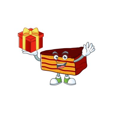 Çekici Dobos Torte Maskot Tasarımı 'nın kırmızı bir hediye kutusu var.