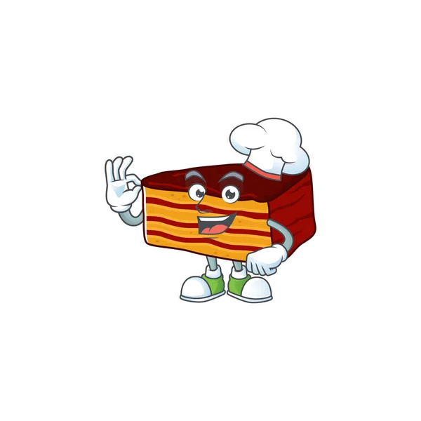 Dobos torte desenho animado estilo orgulhosamente vestindo chapéu de chef branco — Vetor de Stock