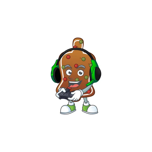 A cartoon design of gingerbread bell talented gamer play with headphone and controller — Stock Vector