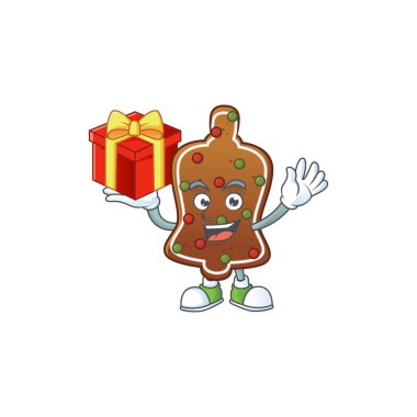 Büyüleyici zencefilli çörek çan maskotu tasarımının kırmızı bir hediye kutusu var.