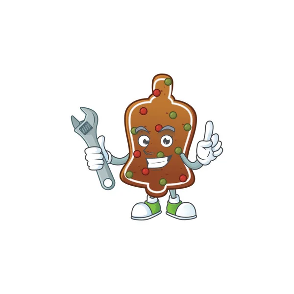 Un mécanicien personnage de mascotte de cloche de pain d'épice fixer une machine cassée — Image vectorielle