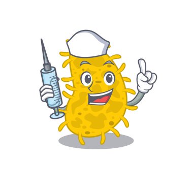 Şırıngalı güzel bir bakteri spirili maskot tasarımı hemşiresi. Vektör illüstrasyonu