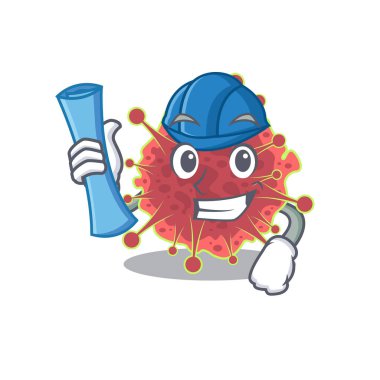 Mavi baskılı ve mavi kasklı Coronaviridae Brainy Architect çizgi film karakteri. Vektör illüstrasyonu