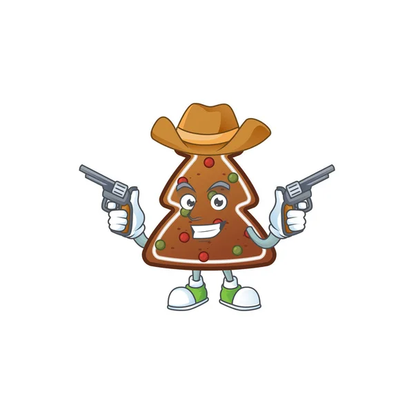 A cowboy cartoon character of gingerbread tree holding guns — Stock Vector