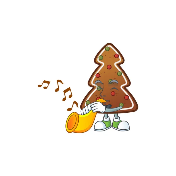 Brilantní hudebník perníčku strom kreslený postava hraje na trubku — Stockový vektor