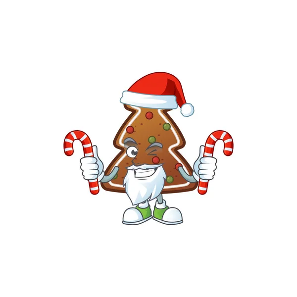 생강빵 나무에 사탕을 갖고 있는 겸손 한 산타 카툰 캐릭터 — 스톡 벡터