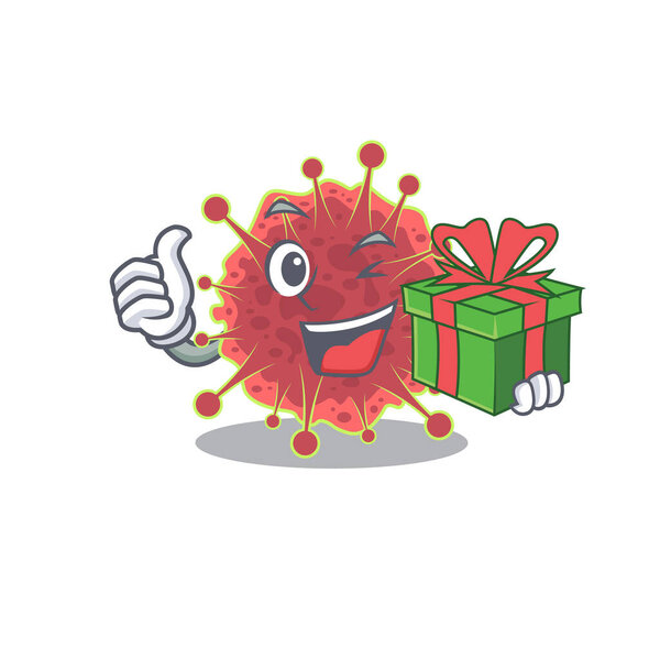 Улыбающийся персонаж мультфильма Коронавириды с зелёной подарочной коробкой. Векторная иллюстрация
