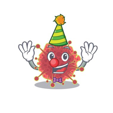 Çizgi film karakteri tasarım konsepti şirin palyaço koronaviridae. Vektör illüstrasyonu