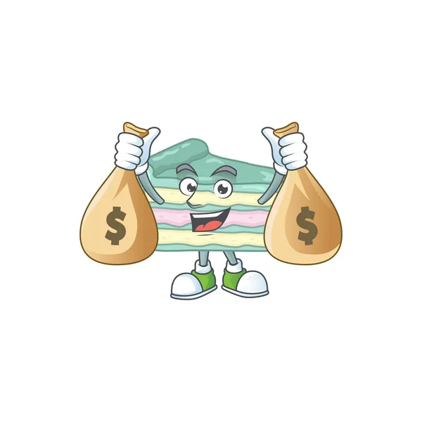 Blissful rich vanilla slice cake cartoon character having money bags — Stock Vector