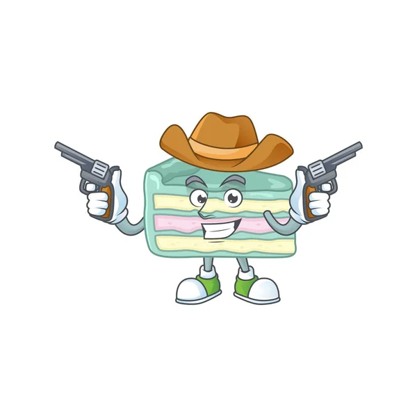 Um personagem de desenho animado cowboy de baunilha fatia bolo segurando armas —  Vetores de Stock