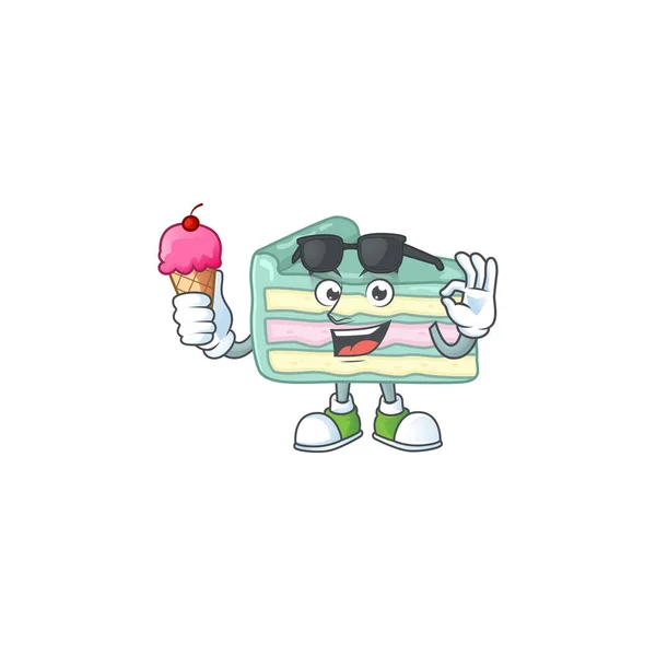 Bonito personagem de desenho animado bolo de baunilha fatia desfrutando de um sorvete — Vetor de Stock
