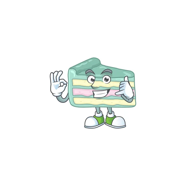 Baunilha fatia bolo mascote desenho animado fazer um gesto de chamada —  Vetores de Stock
