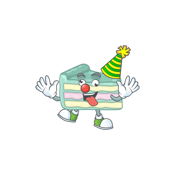 Divertido payaso vainilla rebanada pastel de dibujos animados carácter mascota estilo — Vector de stock