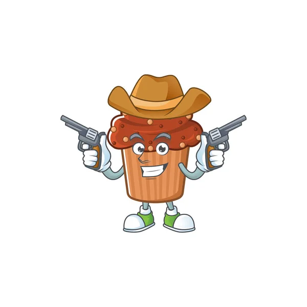 A cowboy cartoon character of chocolate cupcake holding guns — Stock Vector