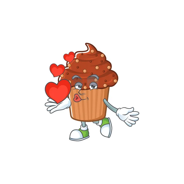 An adorable cartoon design of chocolate cupcake holding heart — Stock Vector