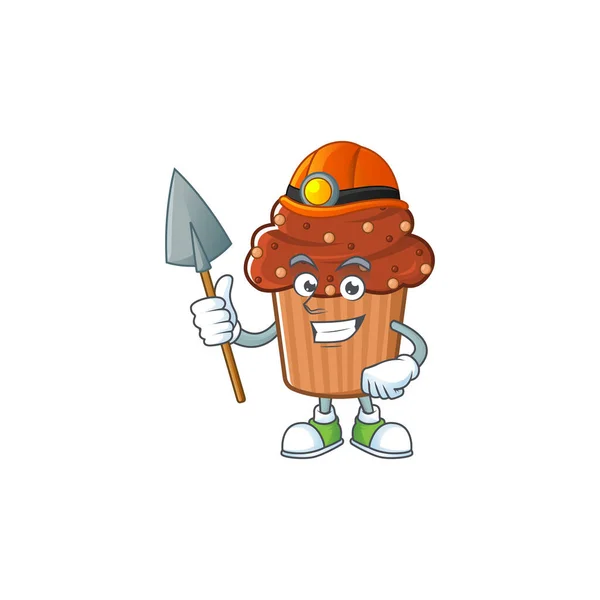 Cartoon character design of chocolate cupcake work as a miner — Stock Vector
