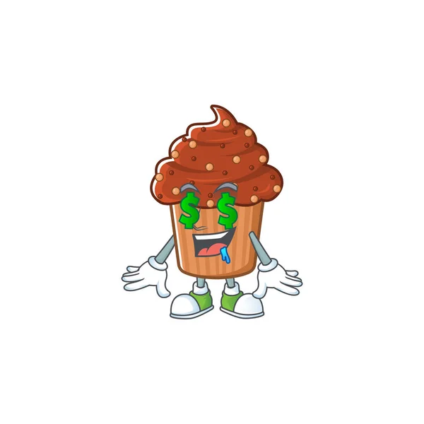 Style de personnage de mascotte de cupcake au chocolat riche avec des yeux d'argent — Image vectorielle