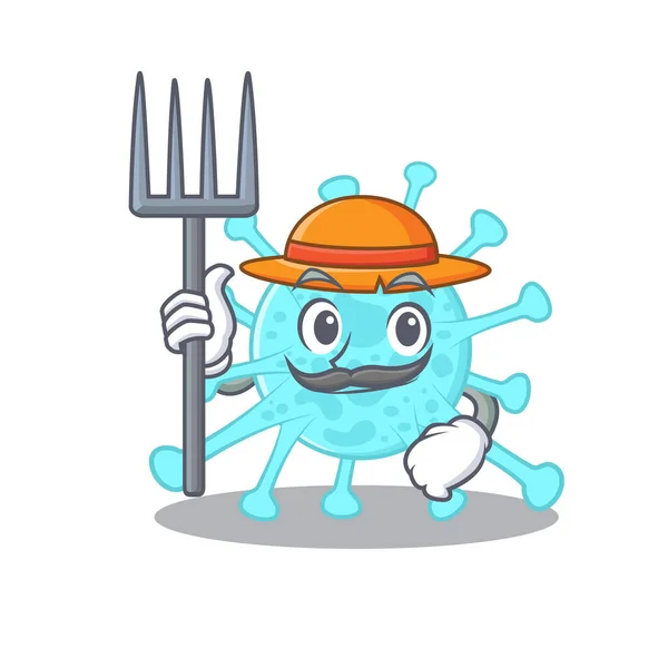 Diseño Personajes Dibujos Animados Cegacovirus Como Granjero Con Sombrero Horquilla — Vector de stock