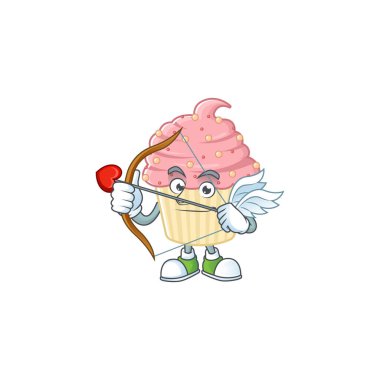 Çilekli kek, ok ve kanatlı Cupid maskot tasarımı. Vektör illüstrasyonu