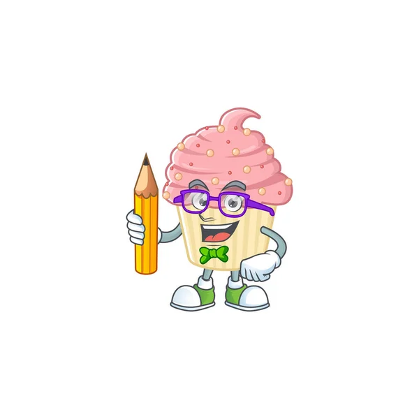 Strawberry Cupcake Student Cartoon Character Studying Pencil Vector Illustration — Stock Vector