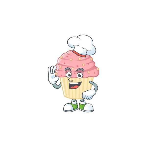 Aardbei Cupcake Cartoon Design Stijl Trots Dragen Witte Chef Kok — Stockvector