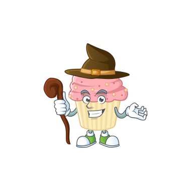 Şirin ve sinsi cadı çilekli kek çizgi film tasarımı tarzı. Vektör illüstrasyonu