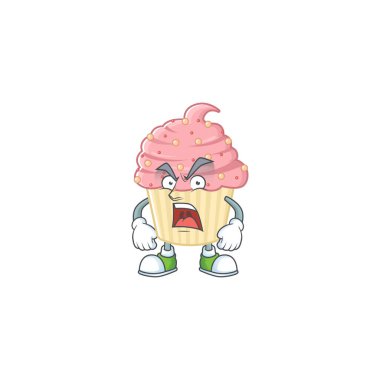 Çılgın suratlı çilekli kek çizgi film karakteri tasarımı. Vektör illüstrasyonu