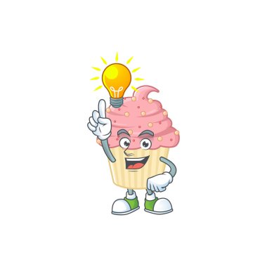 Dahi çilekli kek maskotu karakter tasarımının bir fikri var. Vektör illüstrasyonu