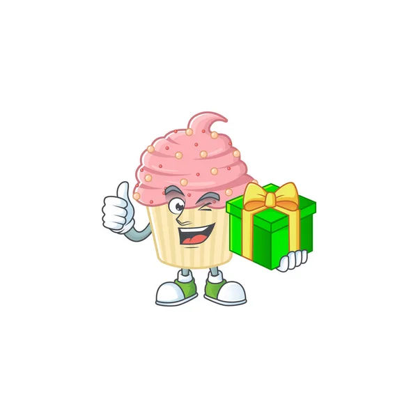 Smiley Jahodový Cupcake Kreslený Postava Drží Dárkovou Krabici Vektorová Ilustrace — Stockový vektor