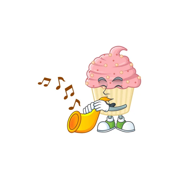 Brillante Músico Fresa Cupcake Personaje Dibujos Animados Tocando Una Trompeta — Vector de stock