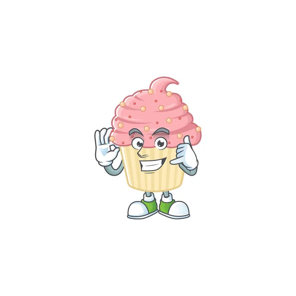 Aardbeien Cupcake Mascotte Cartoon Ontwerp Maken Een Oproep Gebaar Vectorillustratie — Stockvector