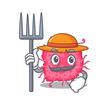 Şapkası ve yabası olan bir çiftçi olarak patojenik bakterinin çizgi film karakteri tasarımı. Vektör illüstrasyonu