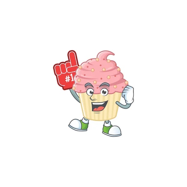 Cartoon Concetto Personaggio Fragola Cupcake Tenendo Dito Schiuma Rossa Illustrazione — Vettoriale Stock